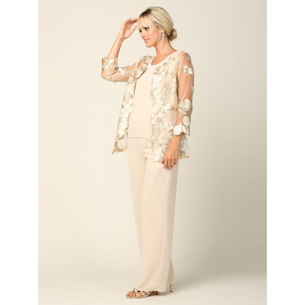 Eva USA #3426 Three Piece Chiffon Pant Suit W/Jacket-Size L-Champagne Gold-NWT - Picture 3 of 7